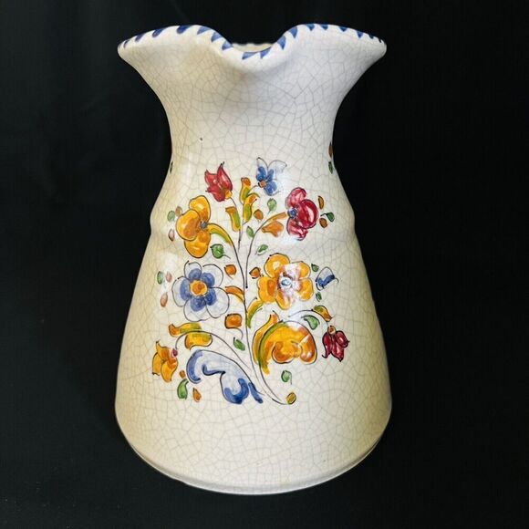 RARE Talavera Crackle Glaze Vase Jug Pitcher Vintage Handle MCM Flowers Flower - Picture 2 of 10